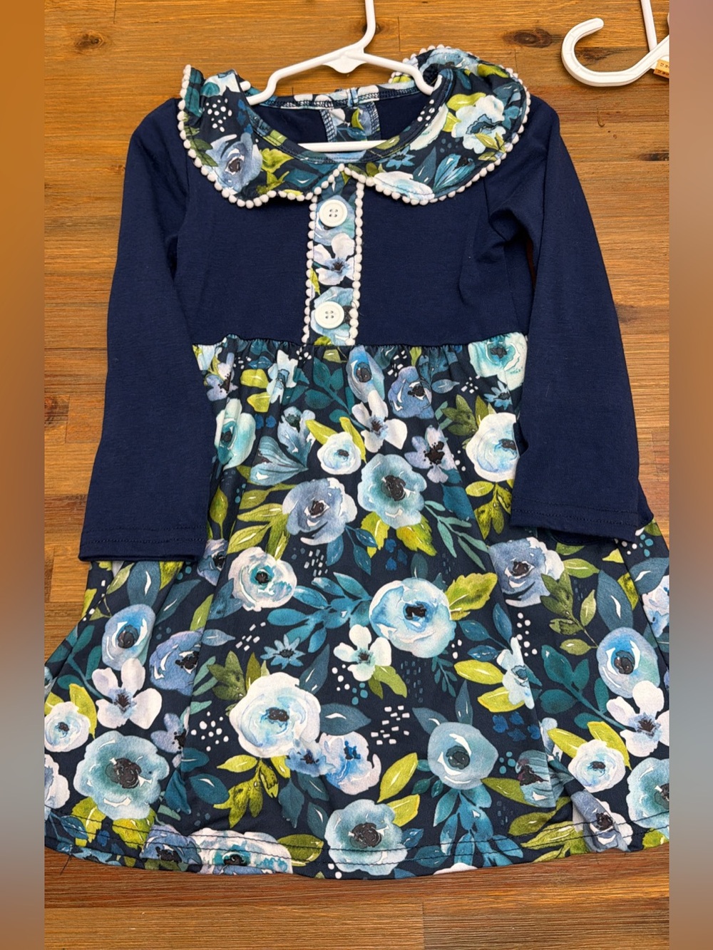 Girls Navy Floral Long-Sleeve Dress with Peter Pan Collar
